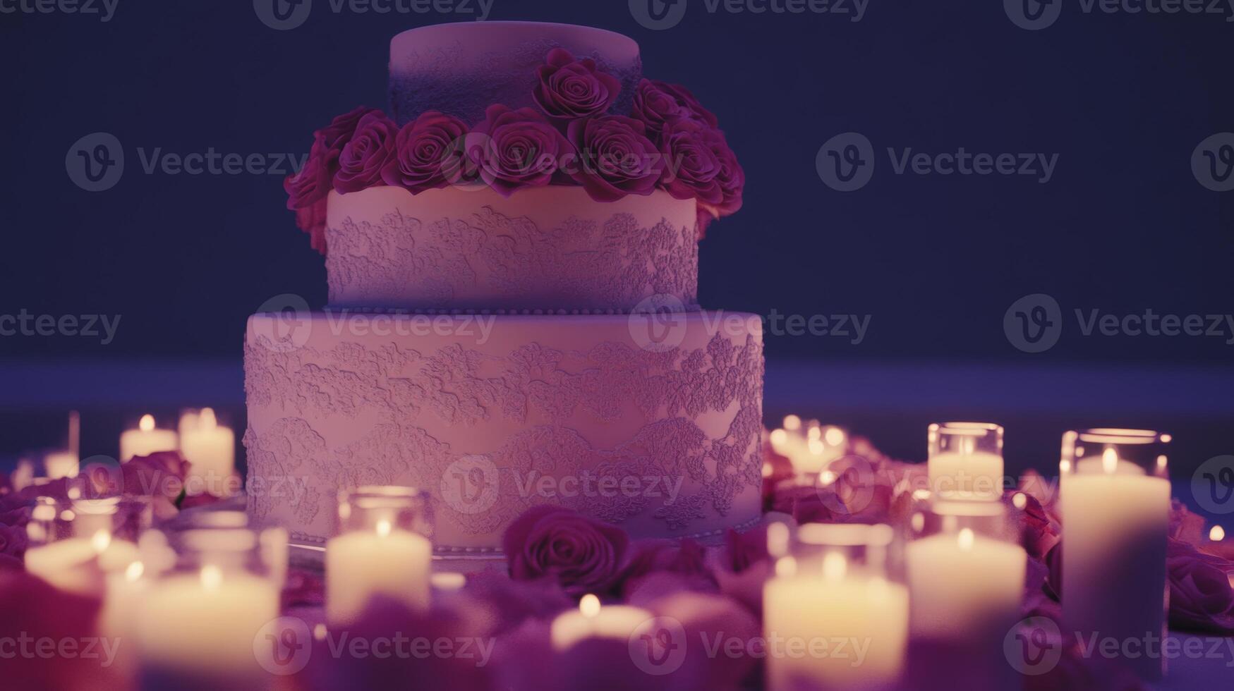Stunning wedding cake adorned with roses and candles creates a romantic atmosphere in a dimly lit venue photo