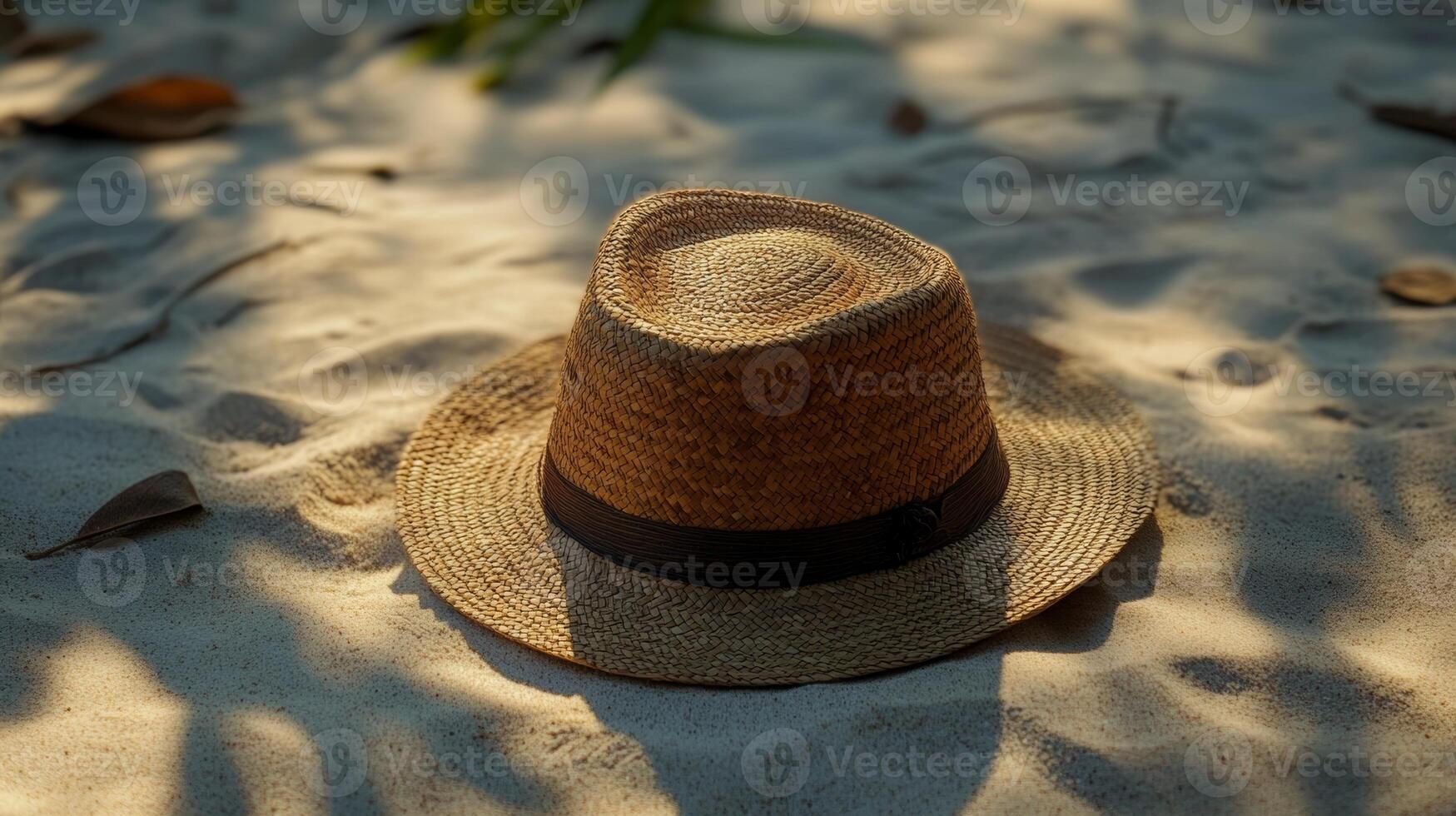 Straw hat resting on warm sandy beach under soft sunlight during late afternoon photo
