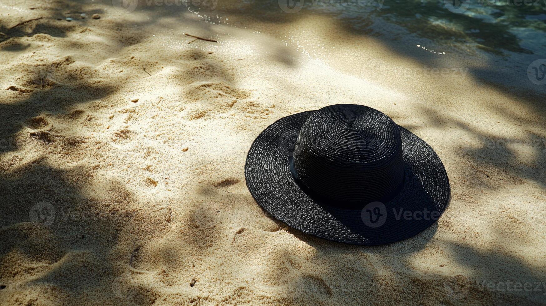 Relaxing beach scene featuring a black straw hat lying on sandy shore under dappled sunlight photo
