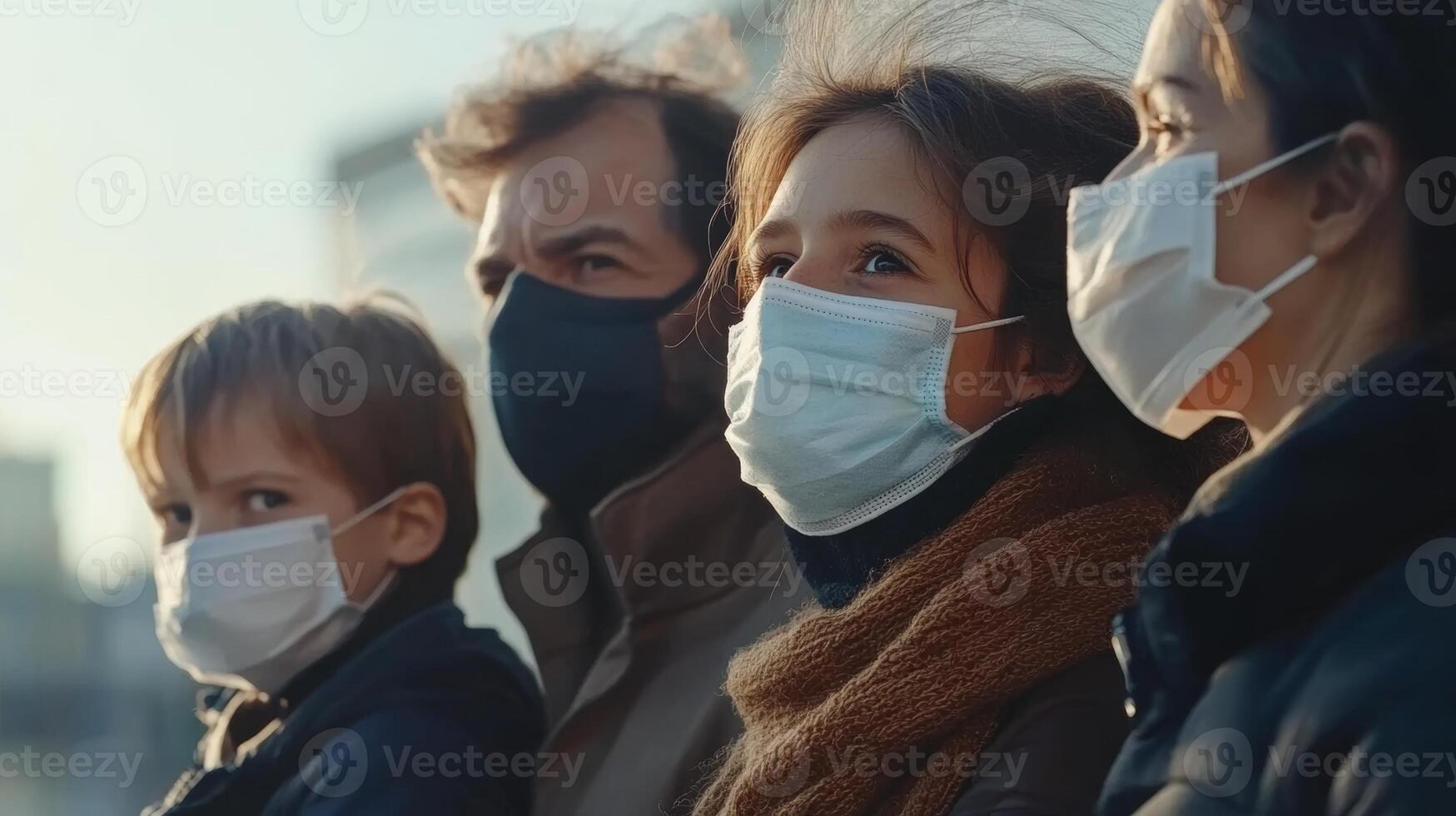 Family wearing masks during outdoor stroll in urban area on a sunny day photo
