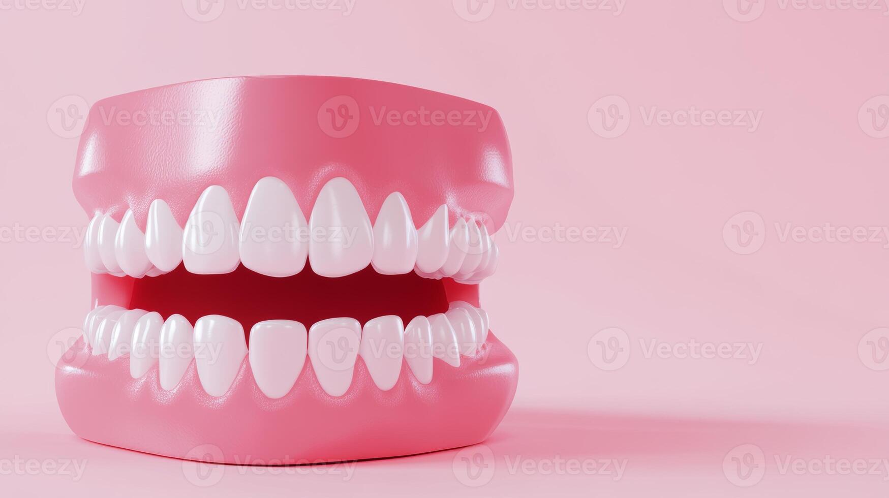 Realistic model of open mouth with bright white teeth against a pink background for dental education or creative design photo