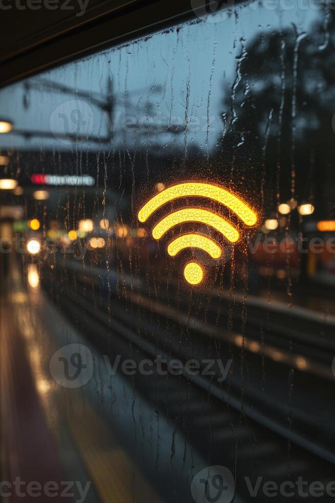 Rainy evening at the train station with WiFi symbol illuminated through a fogged window photo
