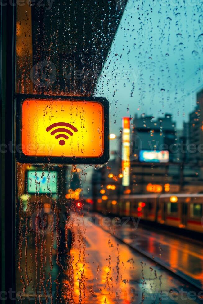 City street during rain showcases a glowing wifi sign amidst a vibrant urban backdrop at twilight photo
