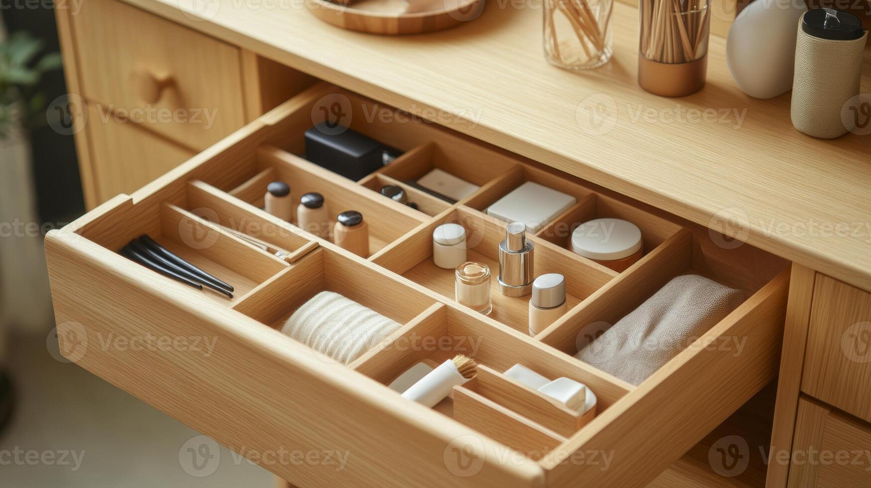 Organized wooden drawer filled with beauty and skincare products in a modern interior space photo