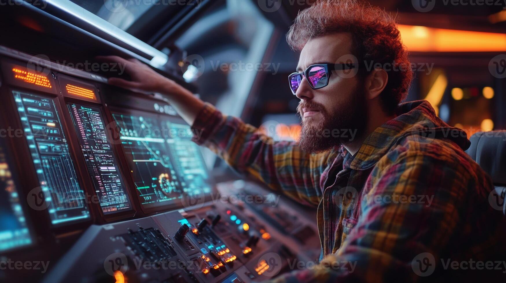 Young man with sunglasses controls a futuristic console while surrounded by digital displays in a high-tech environment photo