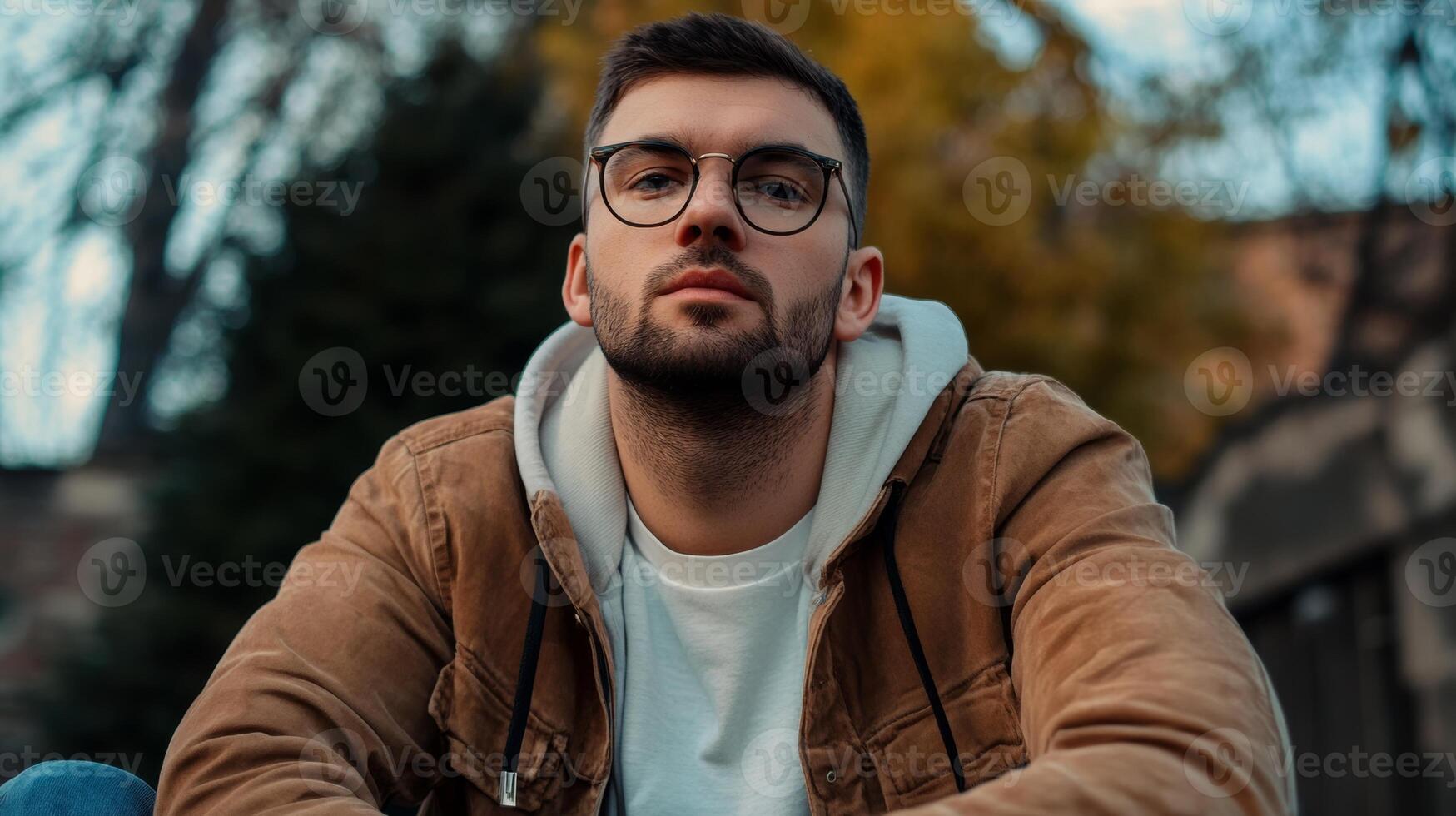 Young man sitting outdoors in a casual outfit during early evening with warm lighting and a thoughtful expression photo