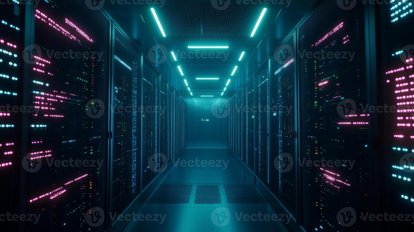 Vibrant data center corridor illuminated by colorful LED lights showcasing modern technology photo