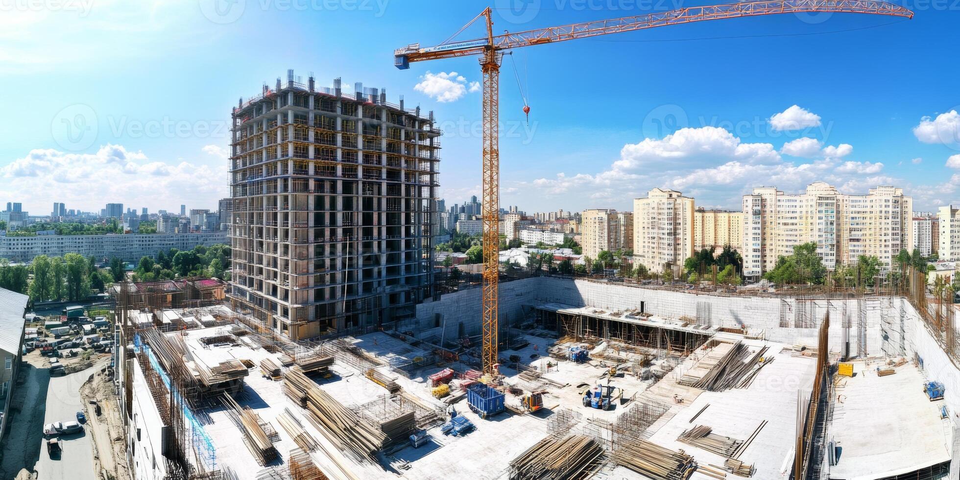 Construction of a high-rise building in an urban location during a sunny day with clear skies and a construction crane photo