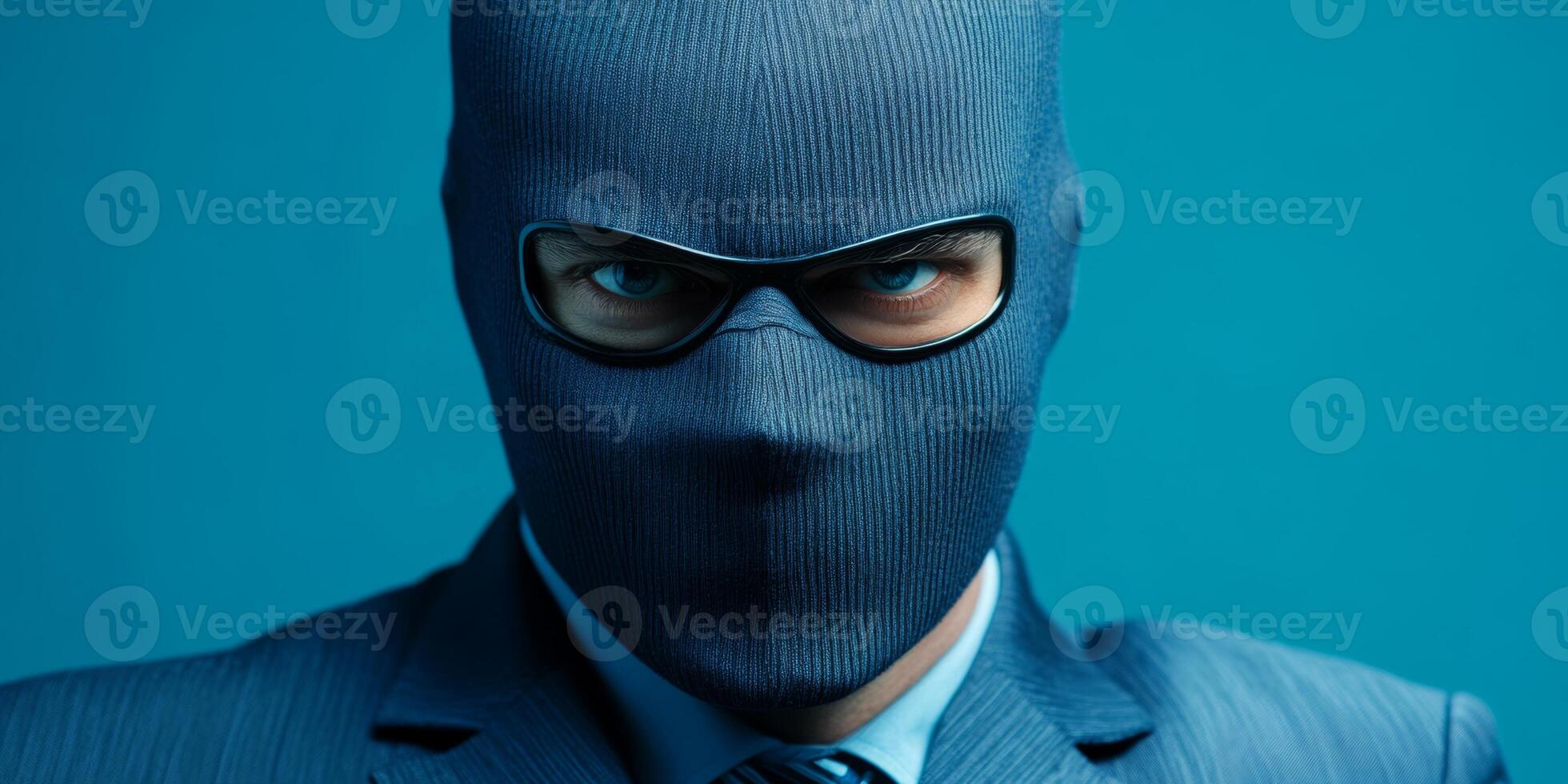 Individual wearing a ski mask and glasses in a blue setting, conveying an enigmatic and intense atmosphere photo