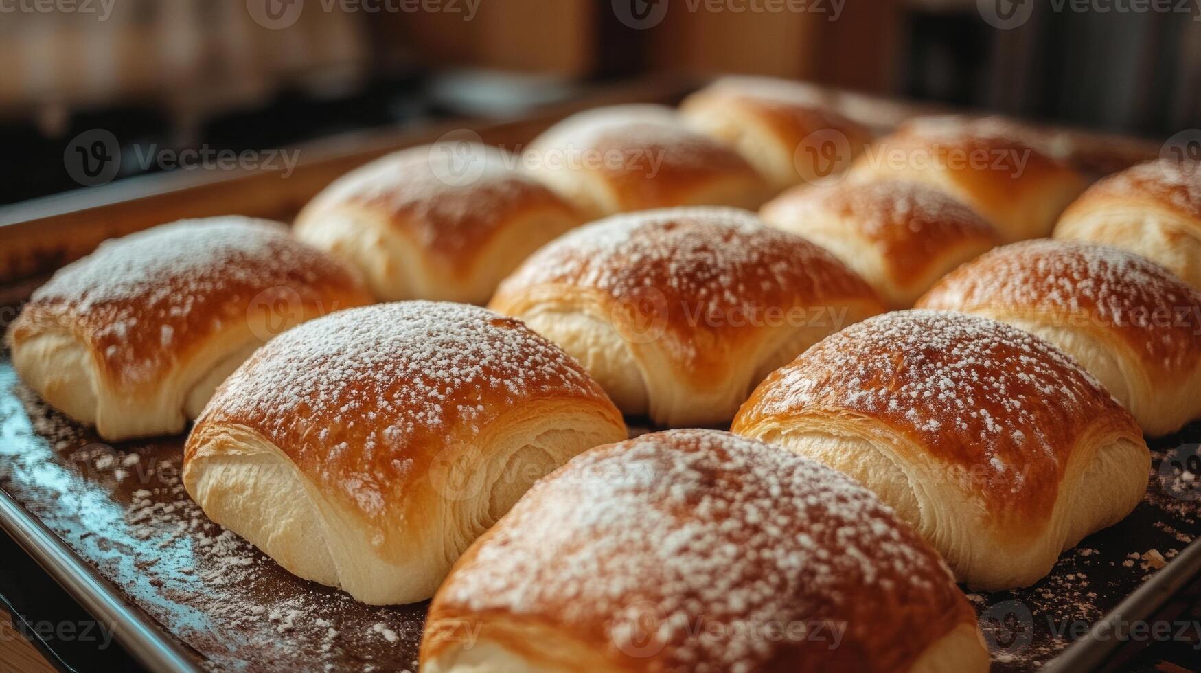 Freshly baked golden rolls cooling on a tray in a cozy kitchen setting photo