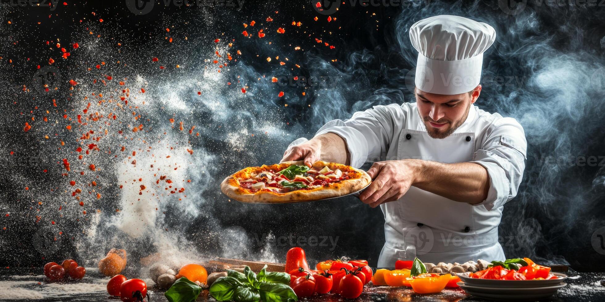 Chef skillfully preparing a pizza with fresh ingredients in a dramatic kitchen setting surrounded by colorful vegetables photo