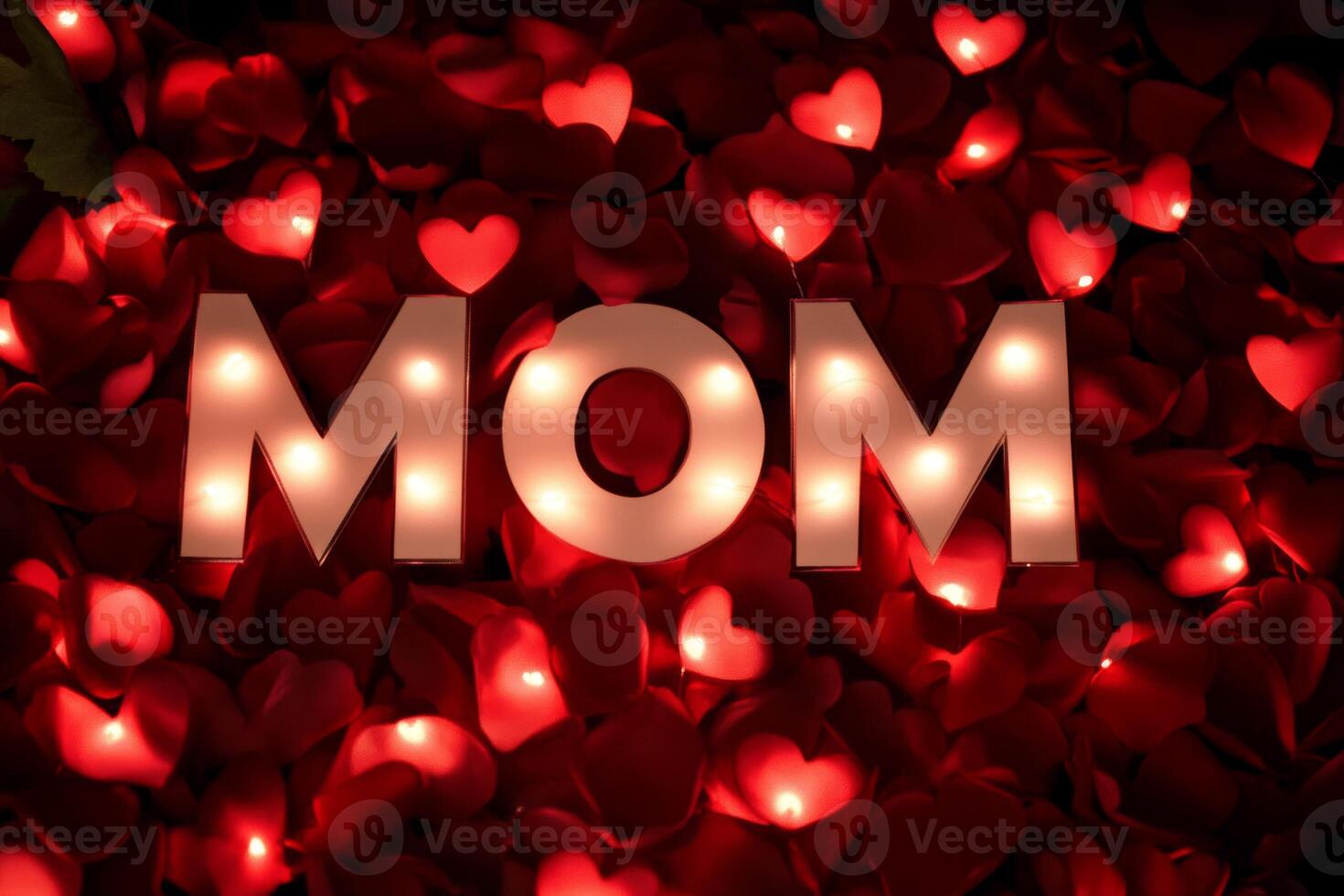 Heartfelt display of love for mom with glowing letters on a bed of red petals during a special celebration photo