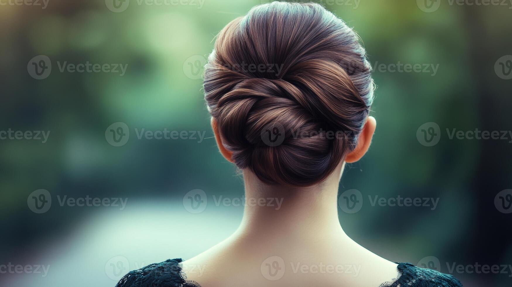 Sophisticated evening elegance with a beautifully styled updo in a serene outdoor setting photo