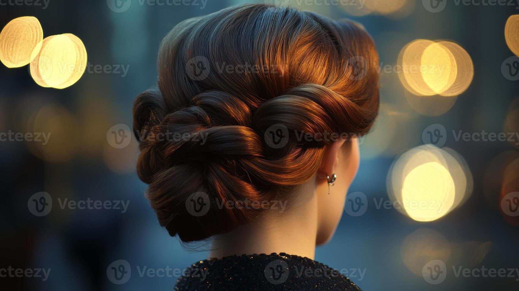 Elegant evening updo showcasing intricate braids and soft curls enhanced by warm bokeh lighting in an urban setting photo