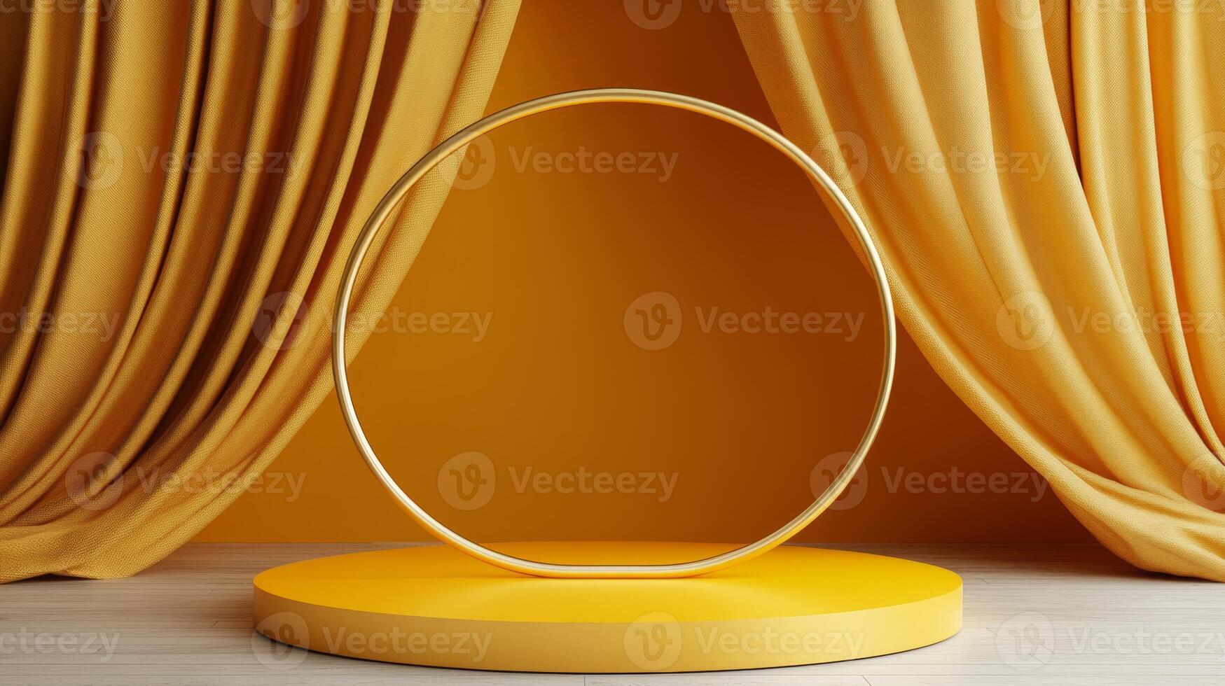Showcasing minimalist elegance with a circular frame on a yellow pedestal in contemporary decor photo