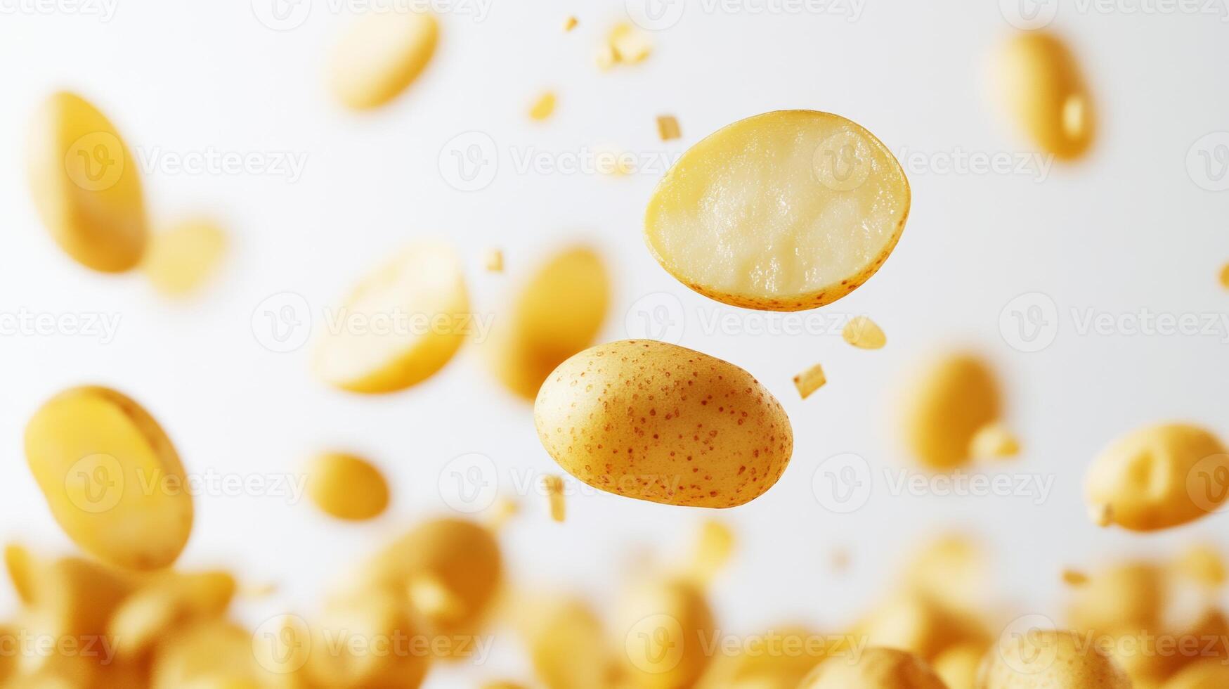 Potatoes in mid-air surrounded by golden flecks, captured during an artistic culinary moment of creativity and energy photo