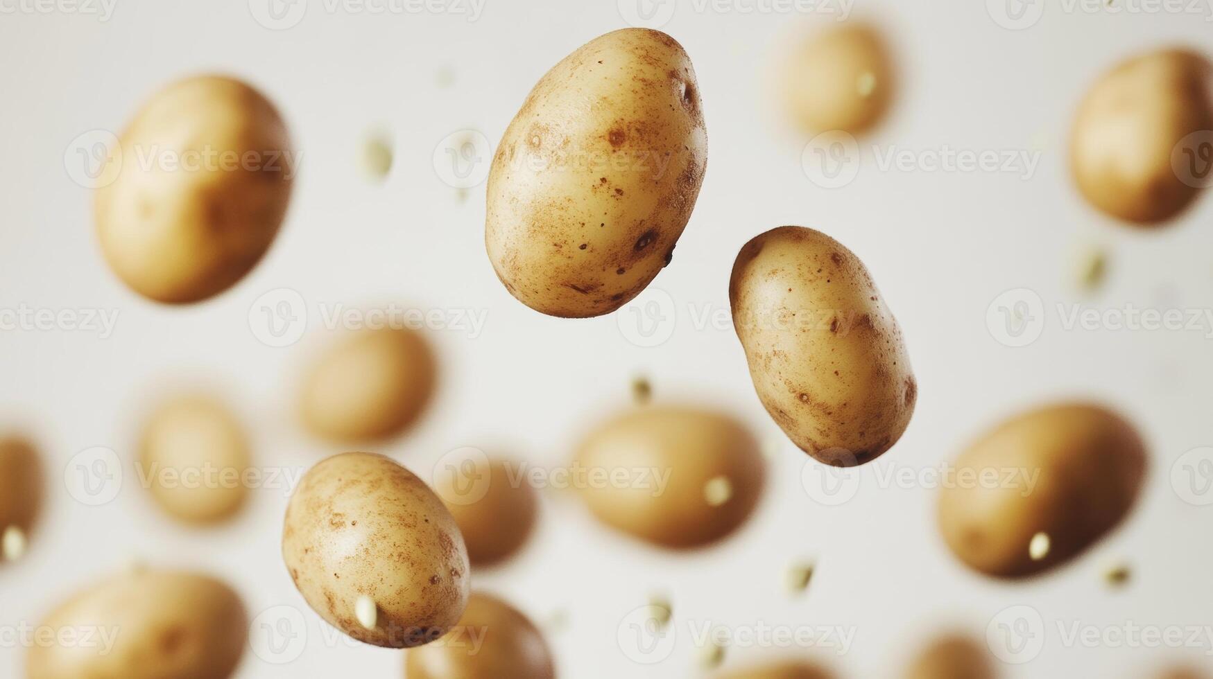 Floating potatoes create a whimsical display of nature's bounty in a minimalist setting photo
