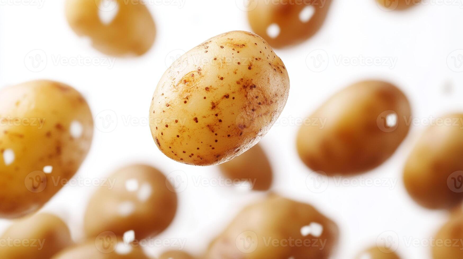Freshly harvested potatoes suspended in mid-air creating a whimsical and playful culinary atmosphere photo