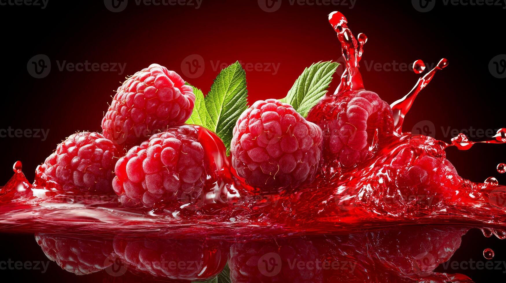 Fresh raspberries splashing in vibrant red liquid creating a dynamic visual display photo