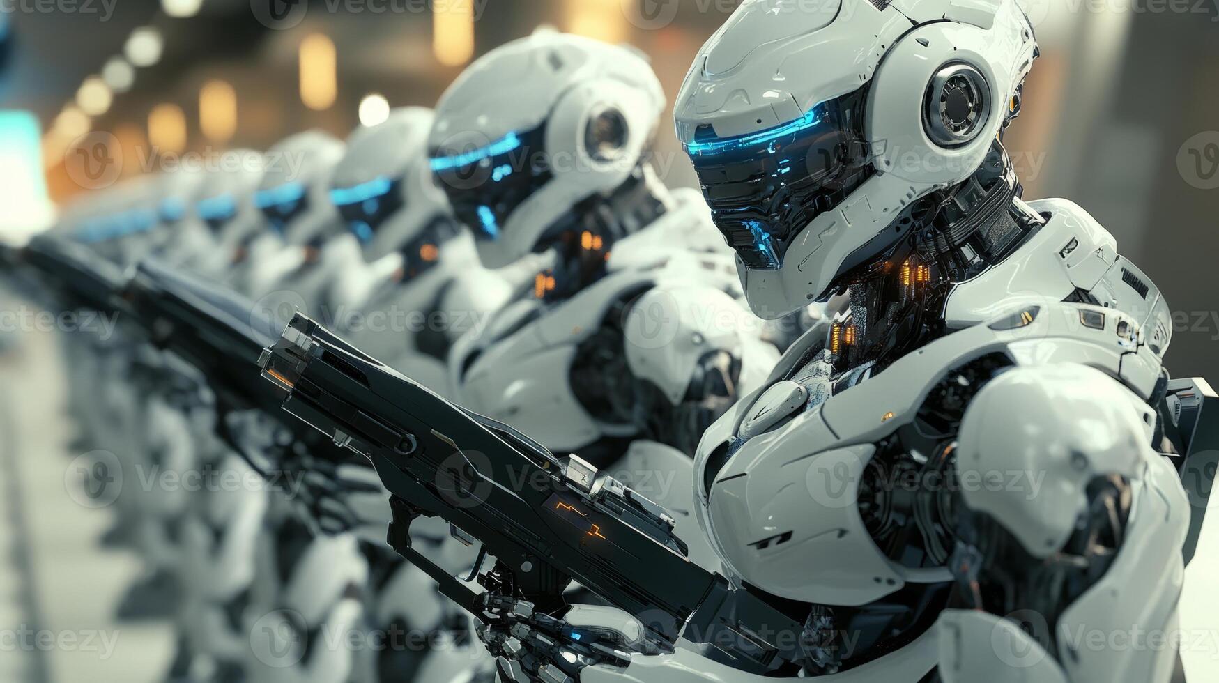 Advanced robots in formation preparing for a mission at a high-tech facility showcasing cutting-edge technology photo