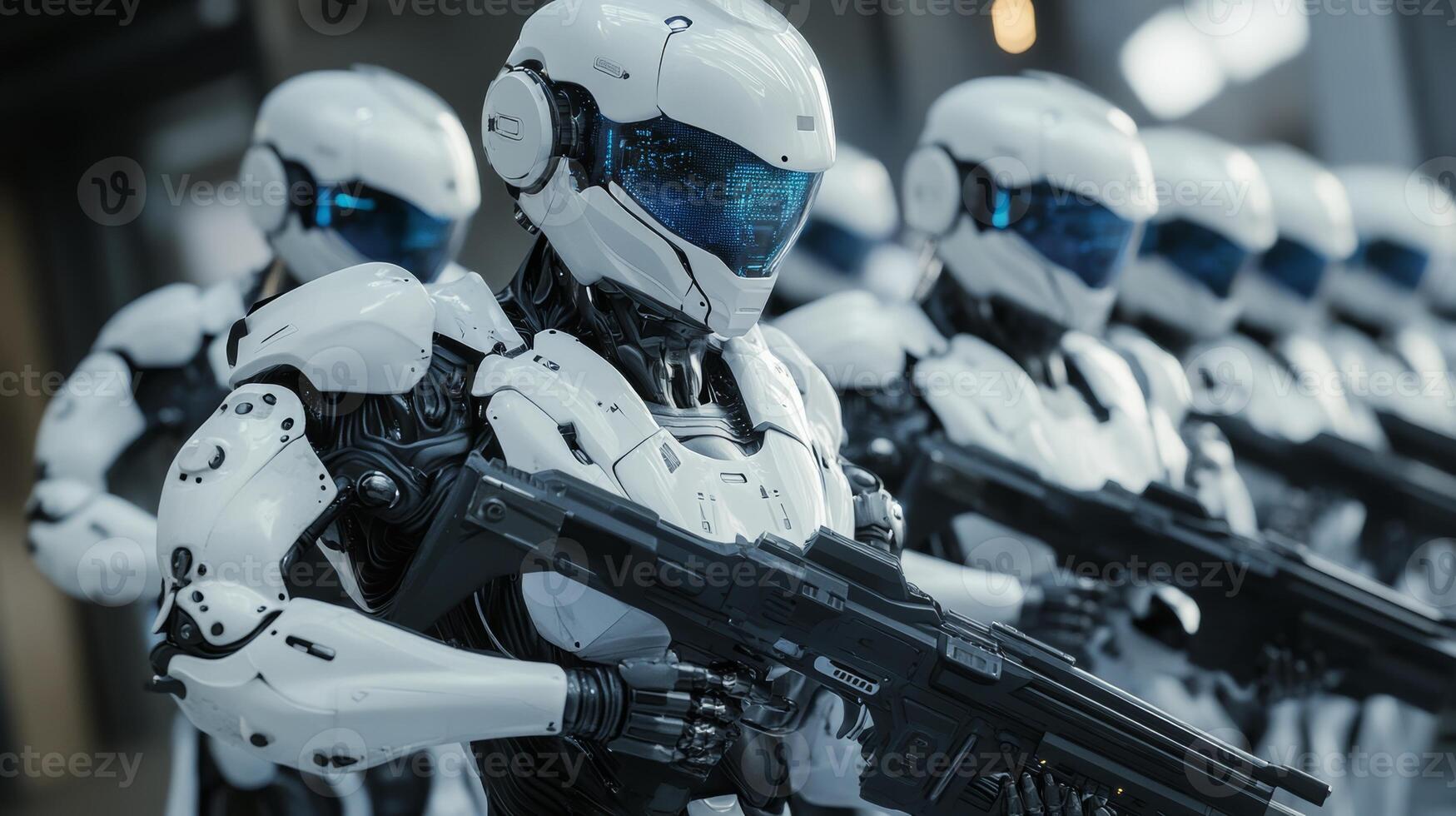 Robotic soldiers in formation demonstrating advanced technology during a futuristic exhibit photo