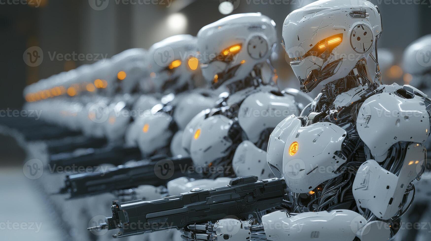 Futuristic robotic army stands in formation, ready for action in high-tech environment at dusk photo