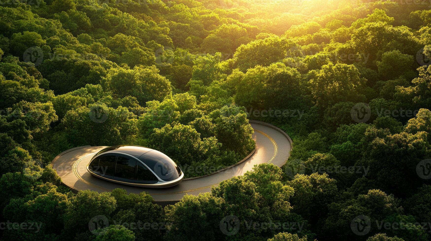 Futuristic vehicle travels along winding road through lush green forest at sunset photo