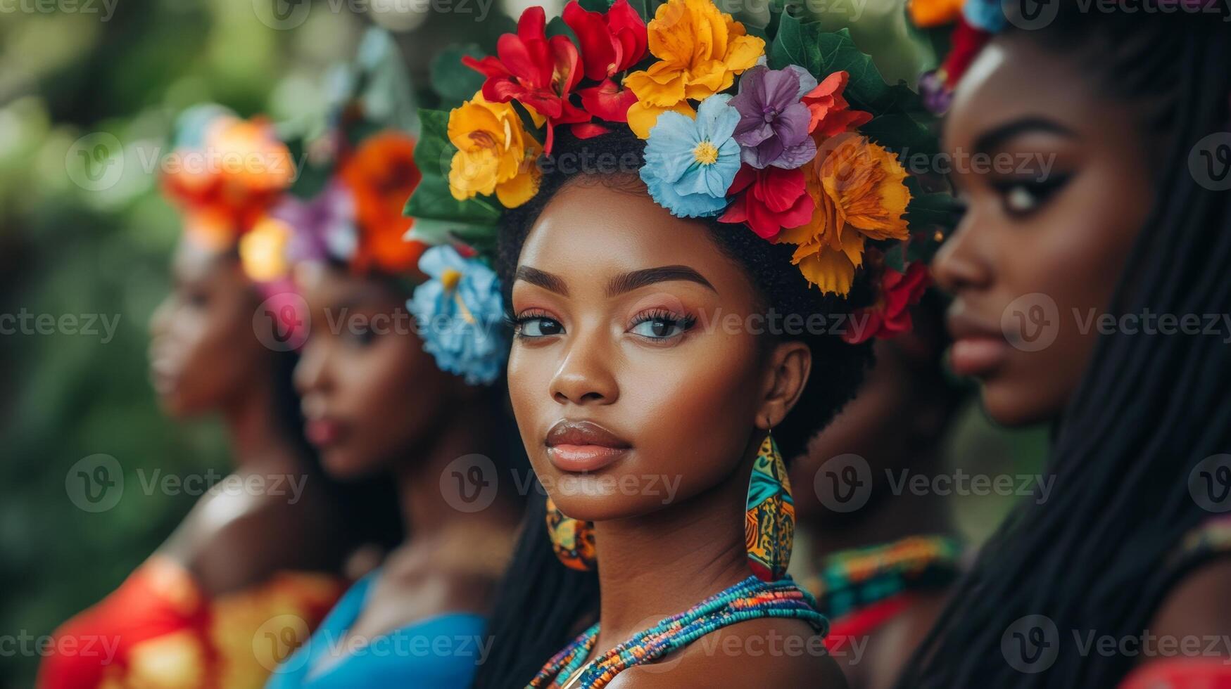Young women wearing colorful floral crowns participate in a cultural celebration in a lush outdoor setting photo