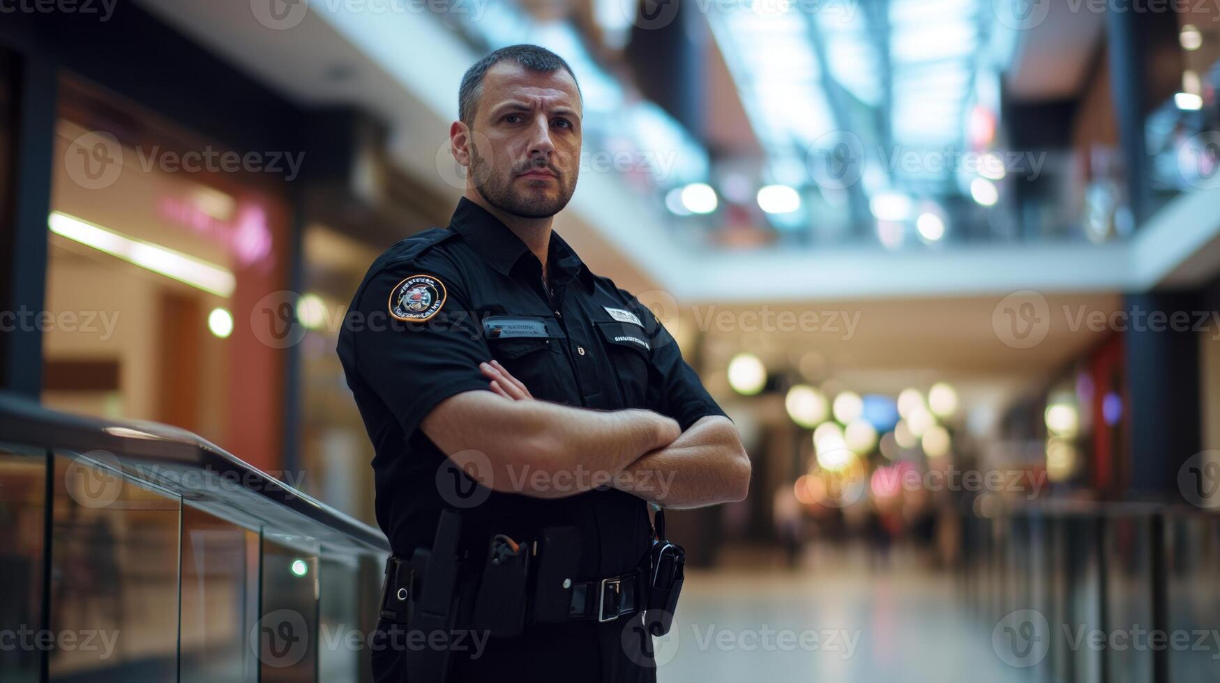 Security officer stands confidently in a modern shopping center during busy afternoon hours photo