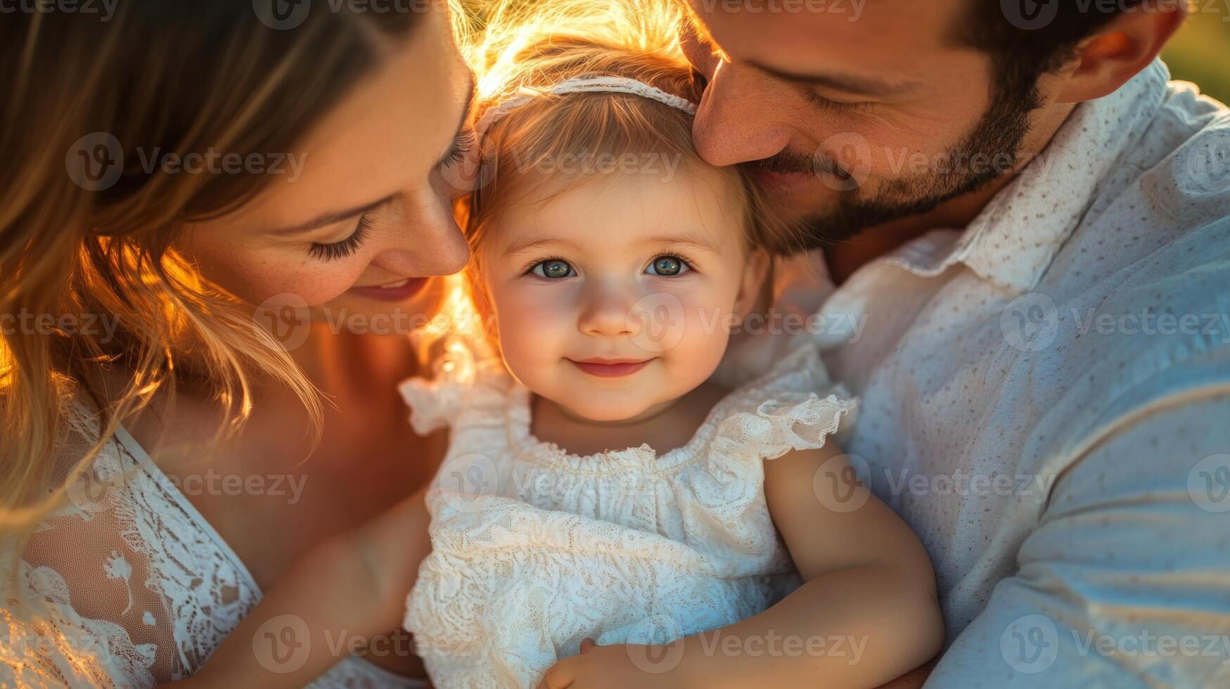 Joyful family moment in golden hour representing love and connection among parents and their smiling child photo