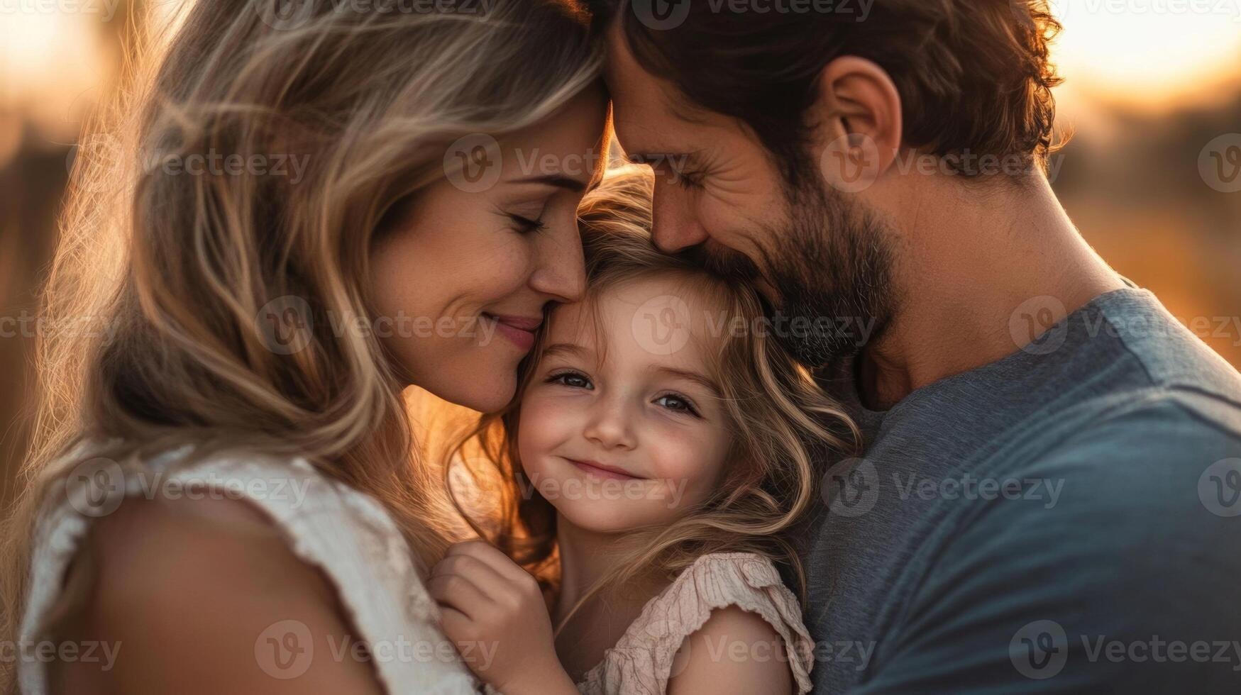 Family embraces each other in golden sunset light while sharing a joyful moment outdoors in a serene field photo