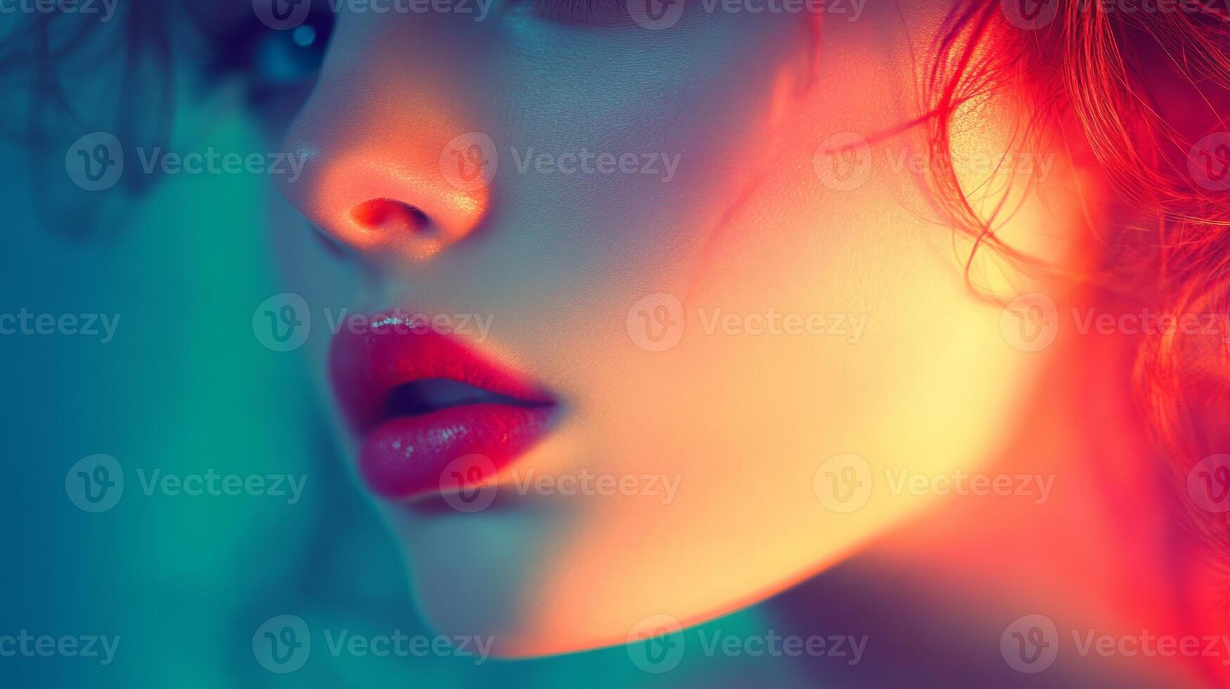 Captivating close-up of a woman's face highlighting vivid makeup and soft lighting at evening photo