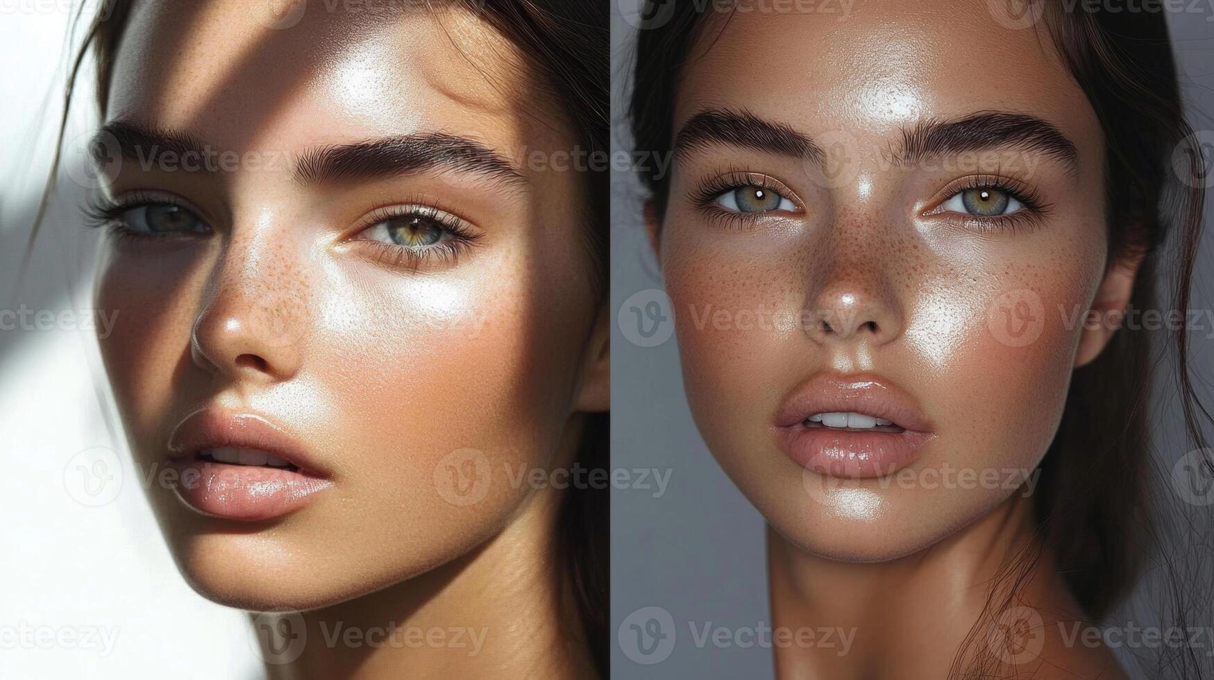 Natural beauty portrait showcasing radiant skin and striking features in soft lighting photo