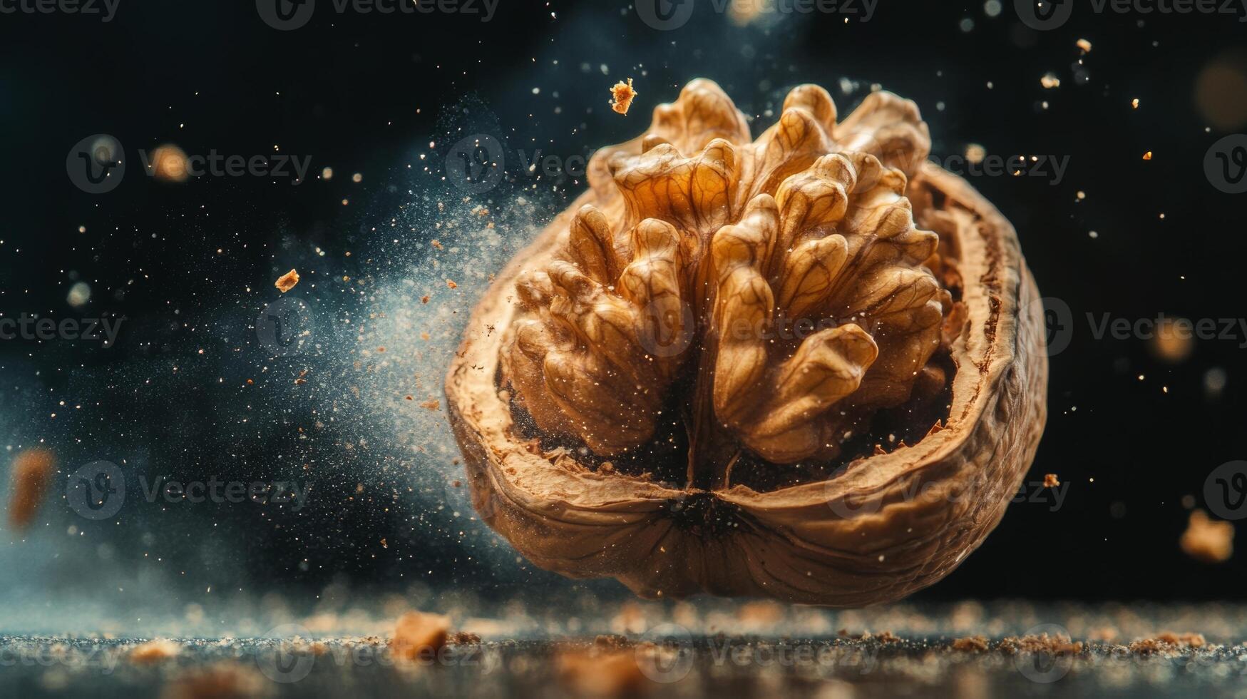 Walnut shell bursts open releasing fresh nut pieces in a dramatic kitchen setting photo