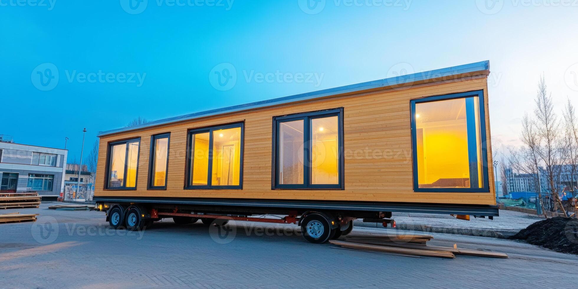 Modern mobile tiny house on wheels with large windows during twilight in an urban construction site photo
