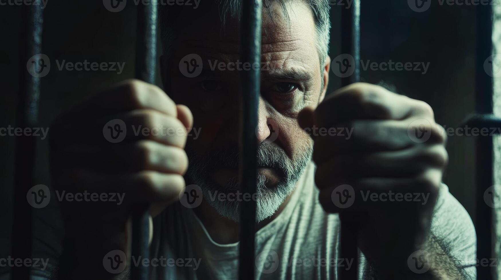Man in prison cell holding onto bars and gazing with an intense expression in dim light setting photo