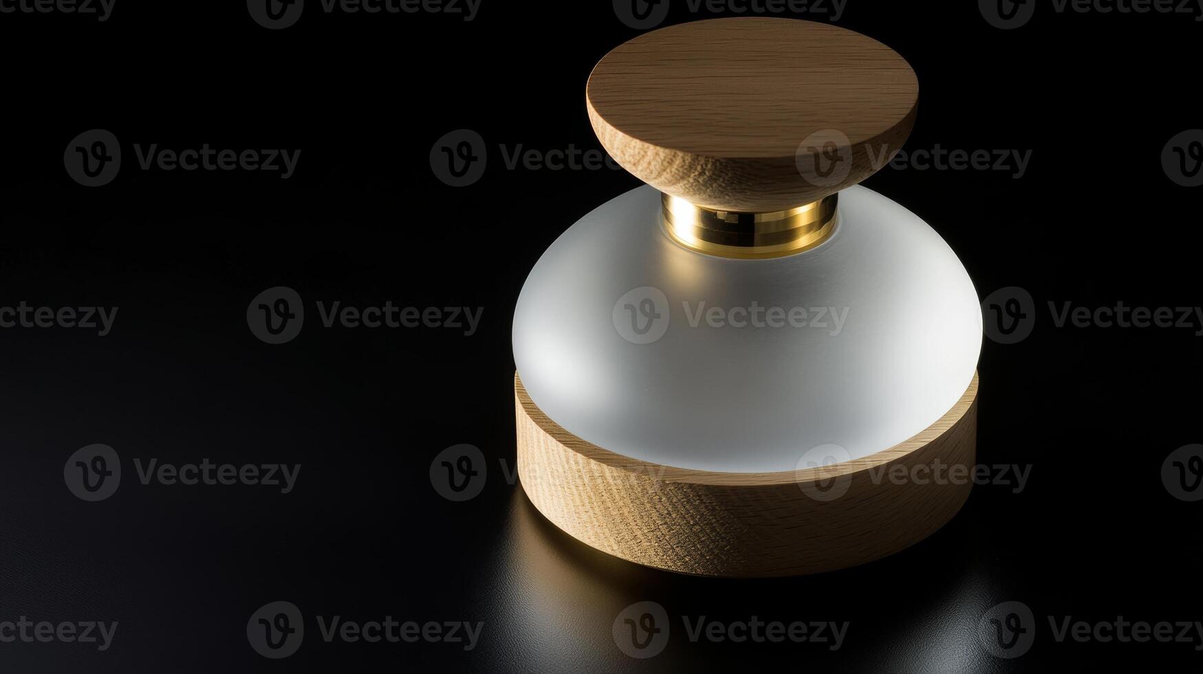 Elegant glass and wood perfume bottle on a dark surface with soft lighting highlighting its design and texture photo