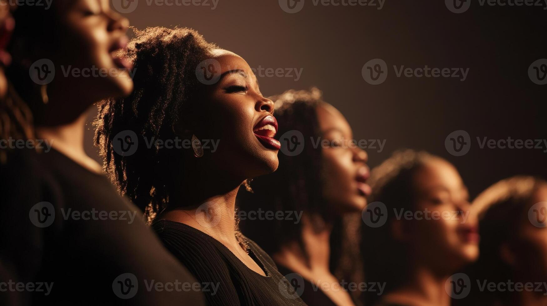 Women singing passionately in a choir during a warm evening performance with dramatic lighting photo