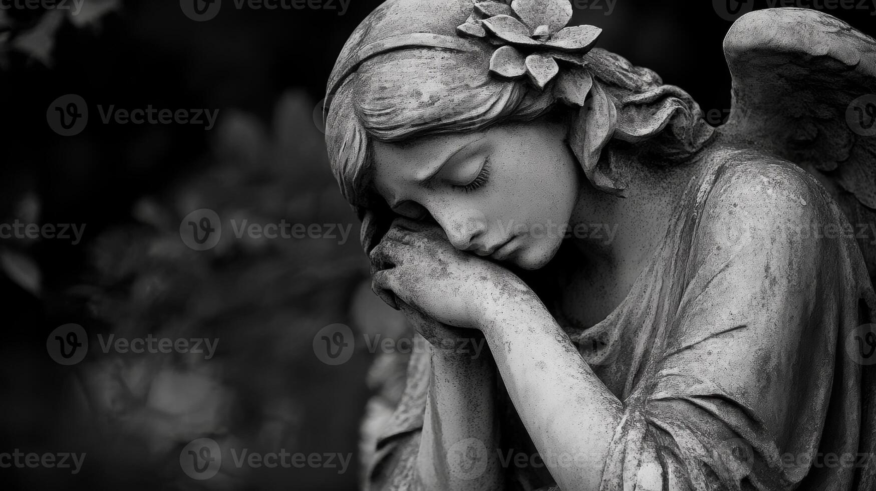 Angel statue in a tranquil garden setting evokes deep reflection and peace at dusk photo