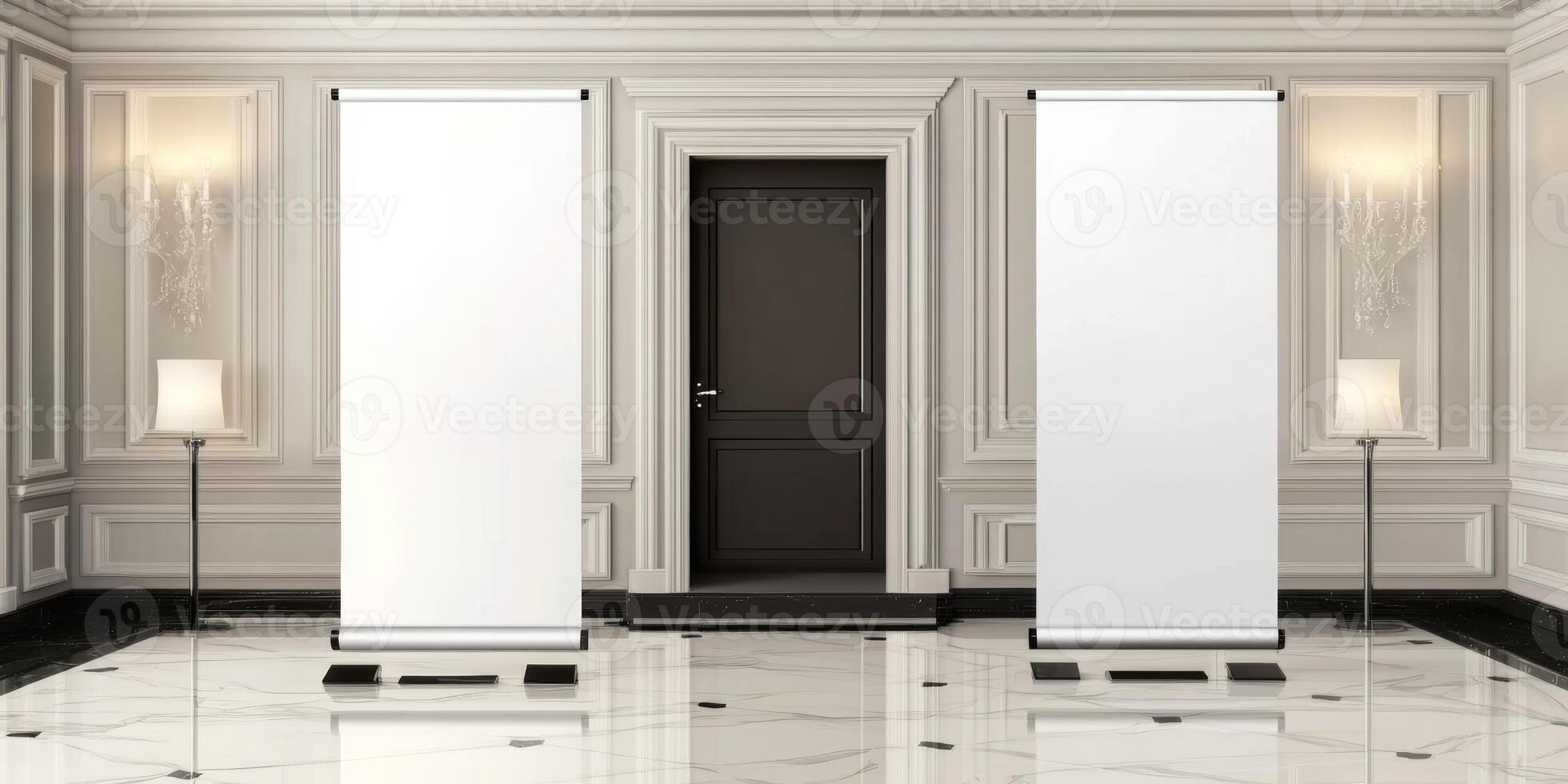 Elegant indoor space featuring two blank display banners and a doorway, ideal for events or presentations in a sophisticated setting photo