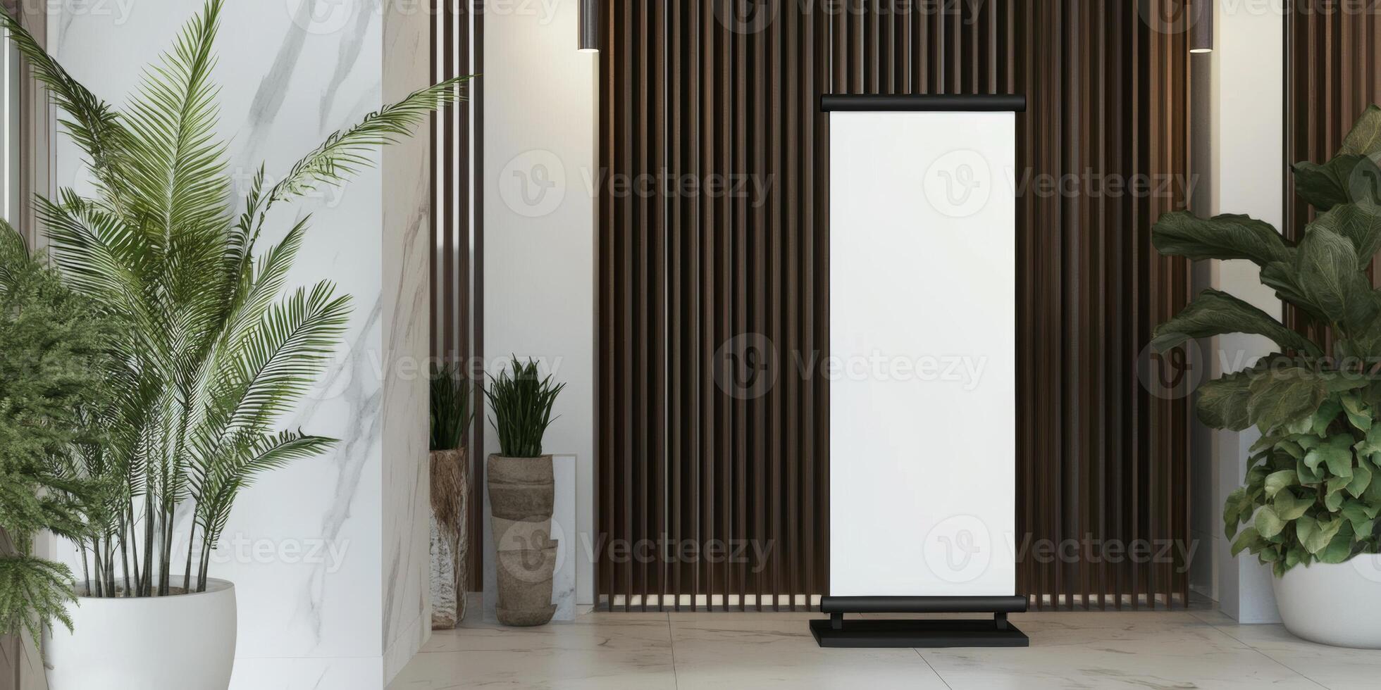 Modern indoor space featuring stylish plants and a blank display board in a contemporary setting photo
