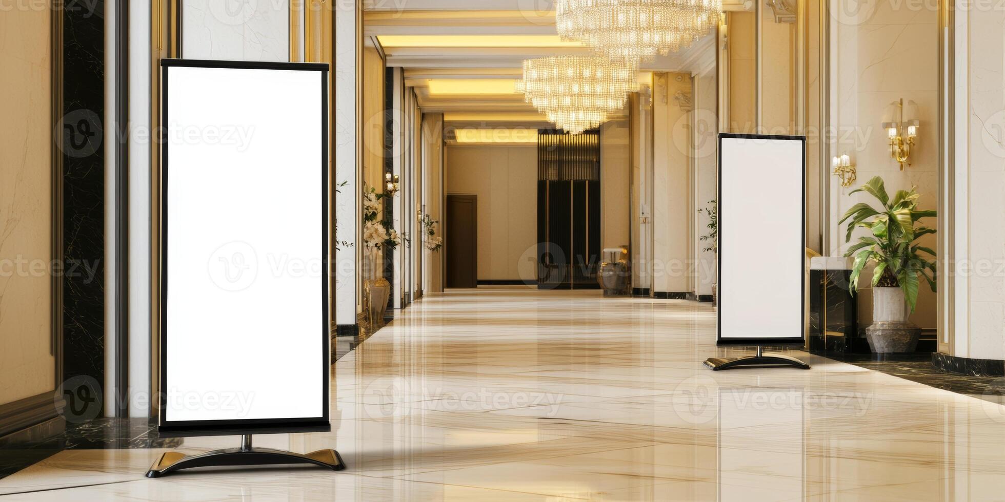 Elegant hotel lobby showcasing blank display stands for event promotion in a well-lit space photo