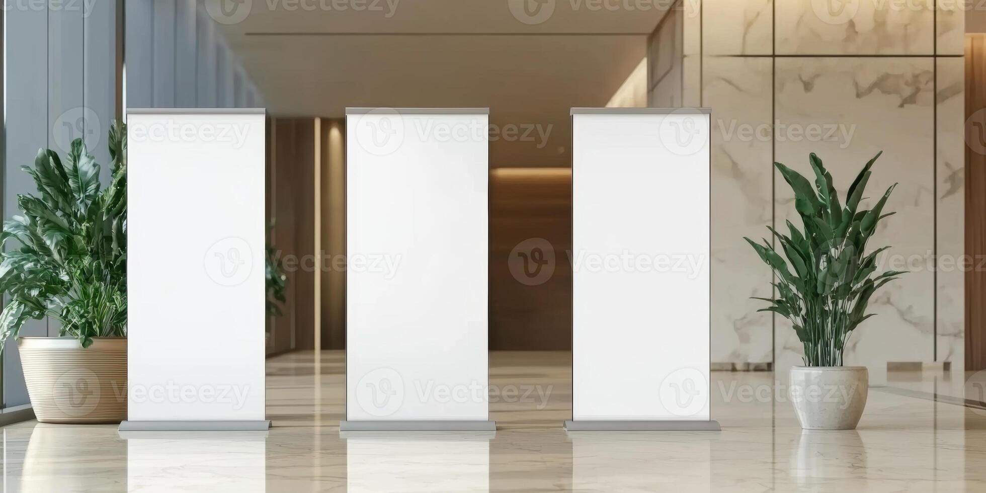 Modern lobby with three blank display boards and potted plants in a sleek architectural space photo