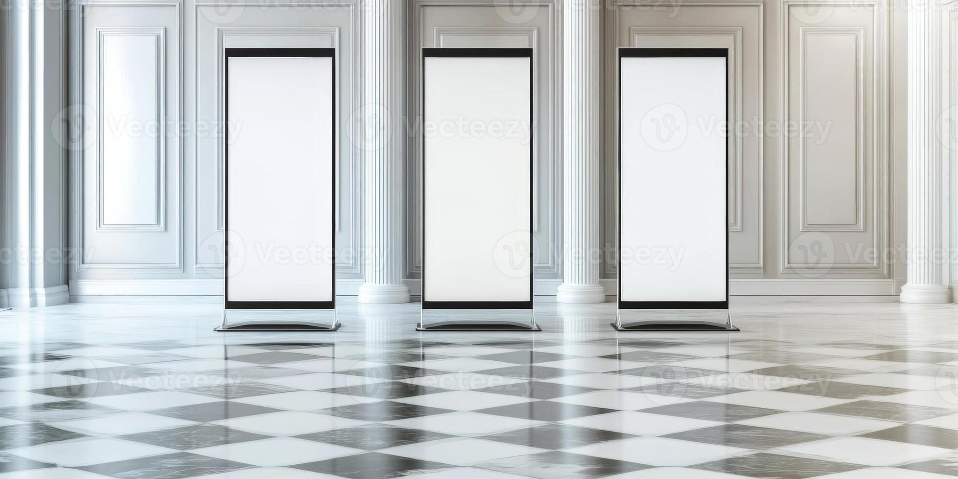 Modern display stands arranged in an elegant interior space with a marble floor and decorative columns photo
