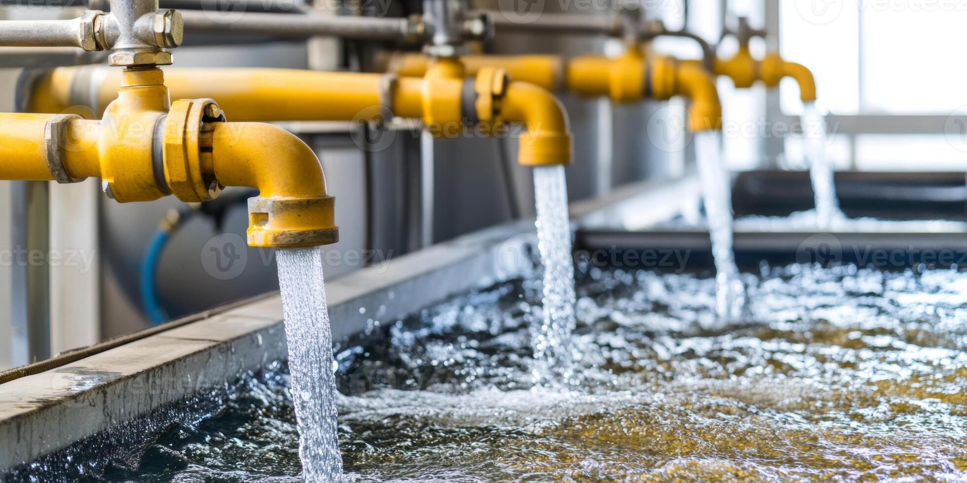 Water flows from industrial pipes into a large reservoir at a water treatment facility during daytime operations photo