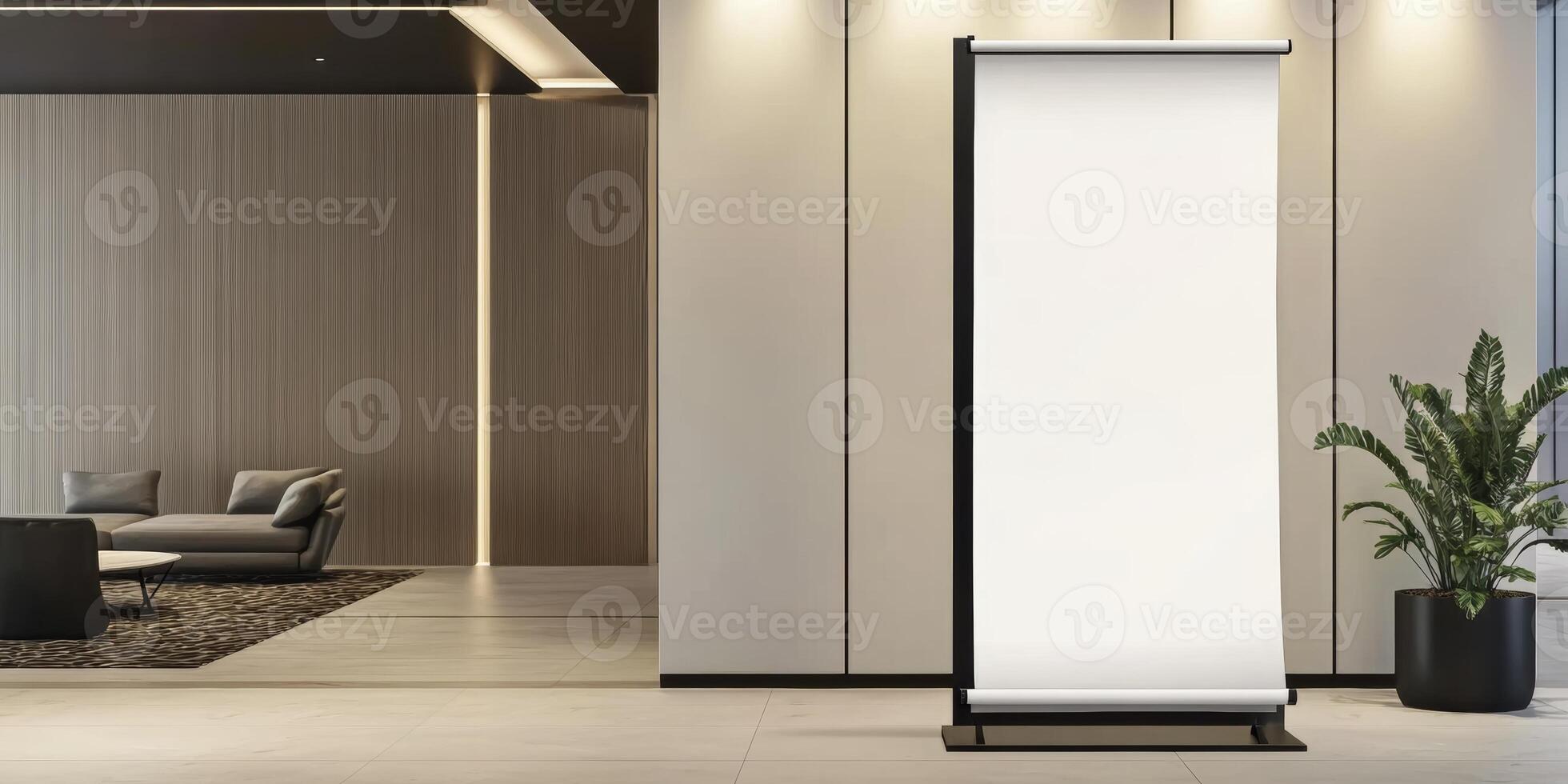 Modern interior design with empty display board and comfortable seating area in contemporary office space photo