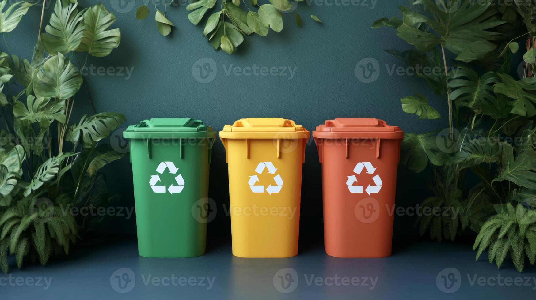 Different colored recycling bins arranged in a green space for waste segregation in an urban area photo
