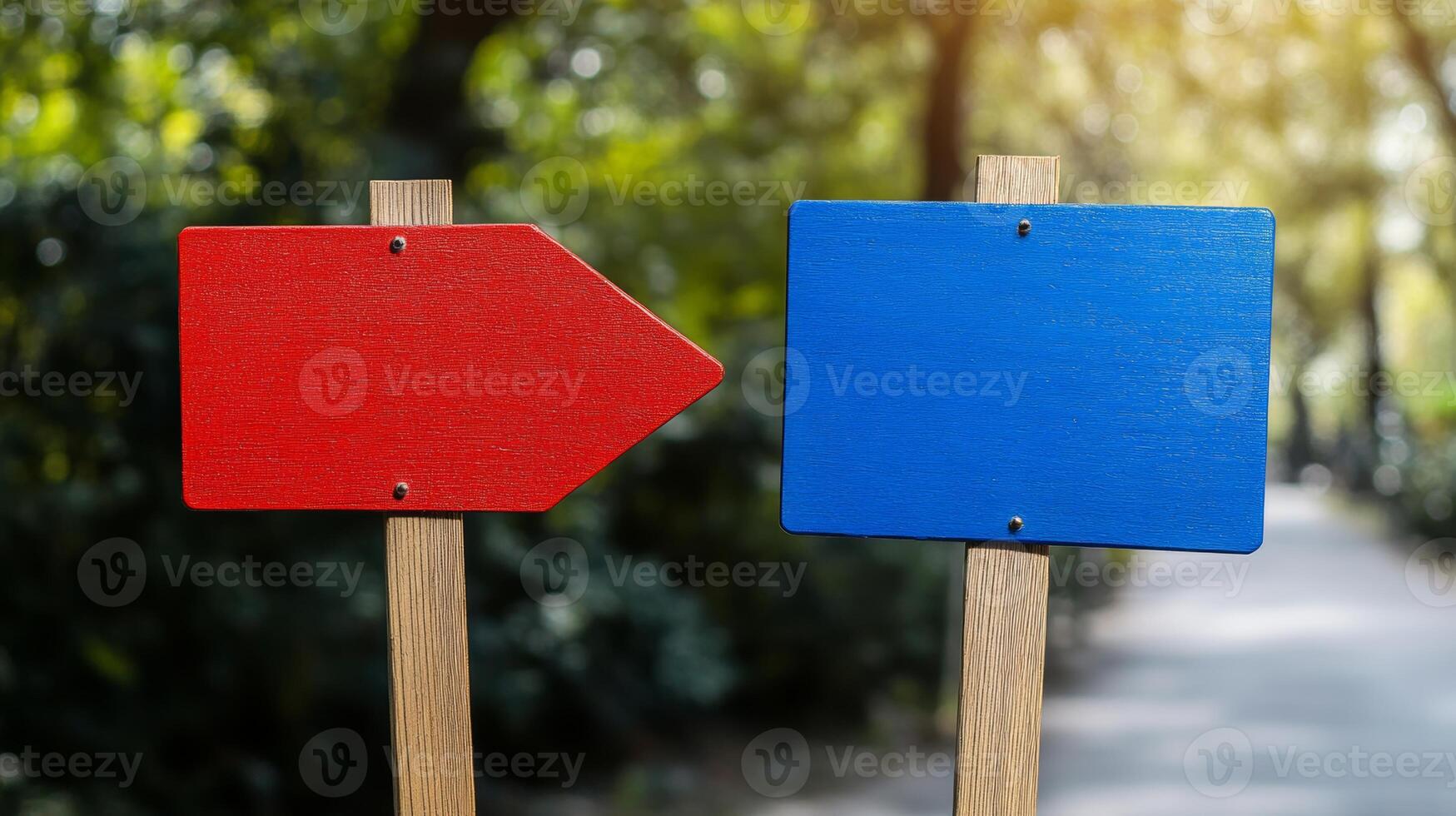 Colorful directional signs in a serene park, guiding visitors through beautiful greenery on a sunny day photo