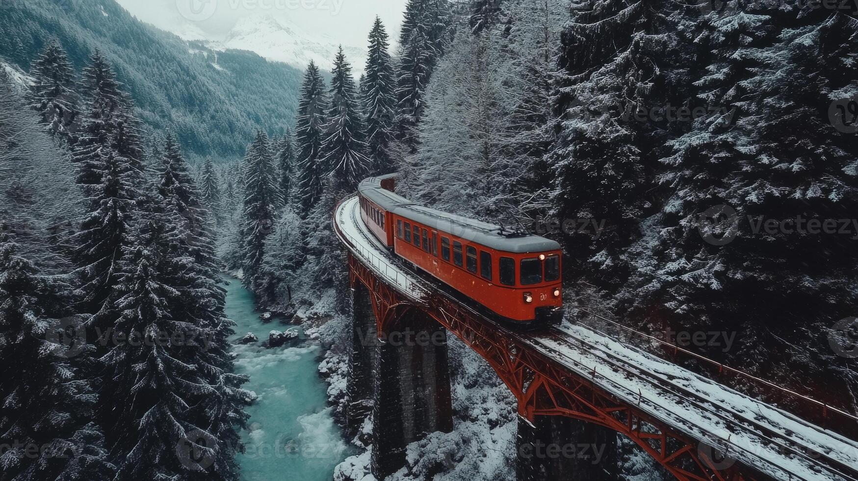 Snow-covered train travels across a red bridge in the Swiss Alps amid stunning winter scenery photo