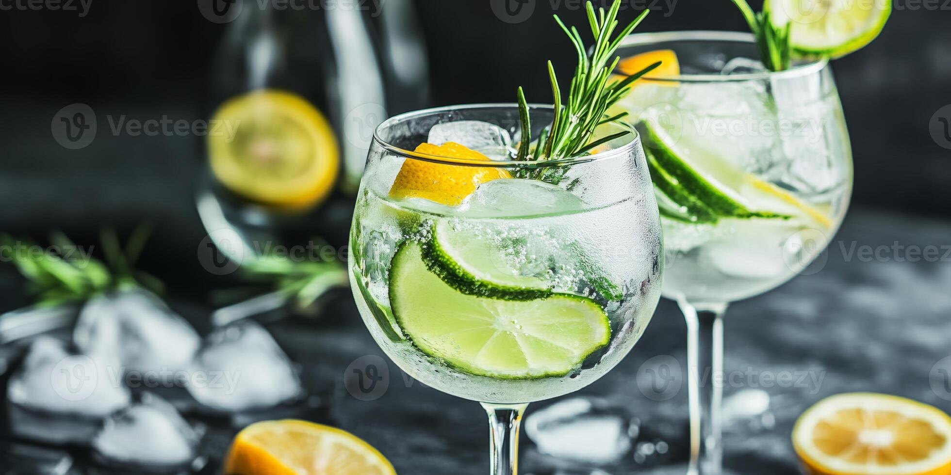 Refreshing cocktail with citrus slices and herbs served in elegant glasses on dark background photo